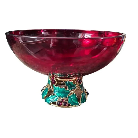 Teleflora Christmas Centerpiece Bowl Vase Red Glass Enameled Holly Berry Holiday - Picture 1 of 8